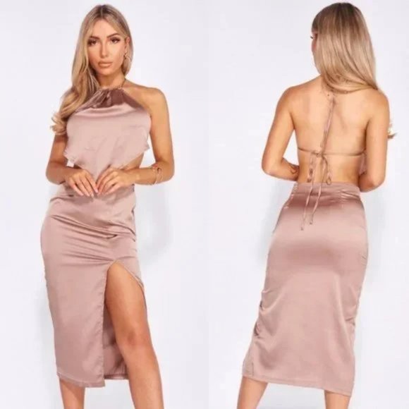 Dresses & Skirts - Nude Satin Halter Neck Backless Handkerchief Top and Front Silt Midi Skirt Set